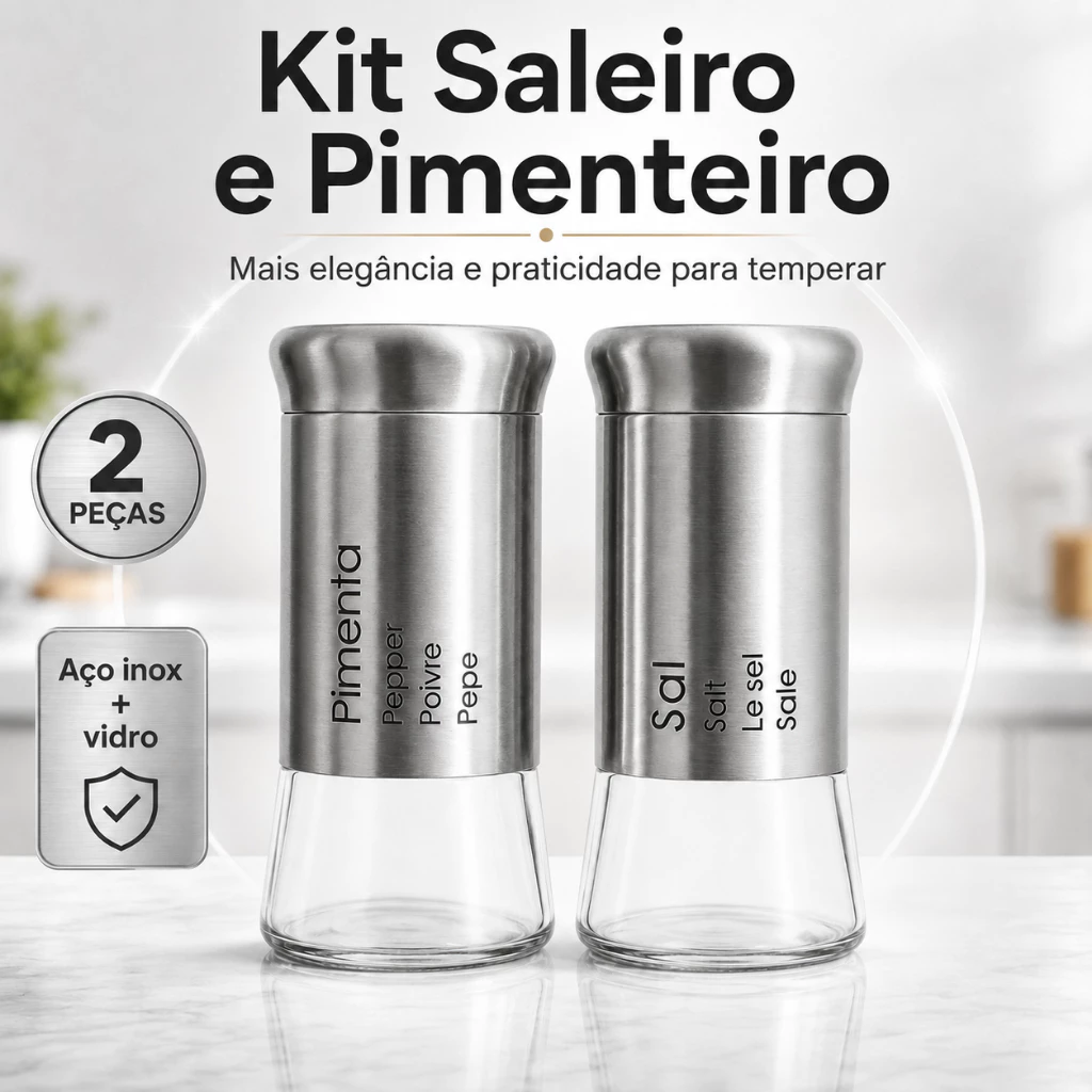 Saleiro e Pimenteiro em Inox e Vidro Kit Porta Condimentos Tempero Mesa Cozinha Restaurante