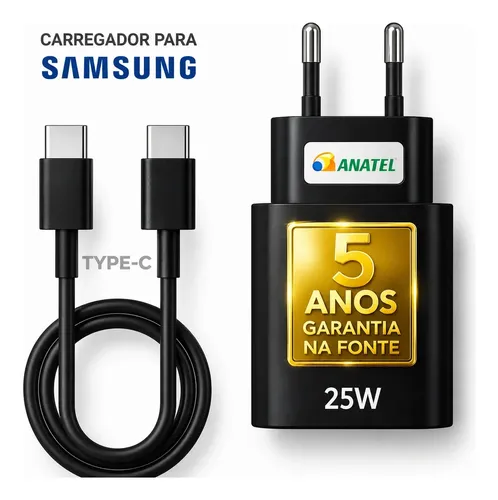 Carregador Super Rápido 25w Para Samsung Galaxy S24 S23 S22 S21 S20 Fe Ultra Motorola M22 M31 M32 M62 M63 M64 G15 Xiaomi Redmi Note 12 13 14 15 LG - Super Fast Cabo Blindado Tipo U