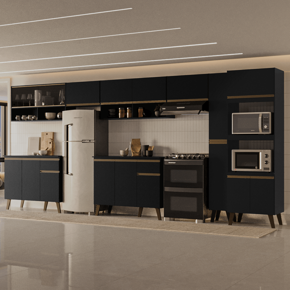 Armário de Cozinha Completa Atlanta Square com Vidro Carraro Preto Touch