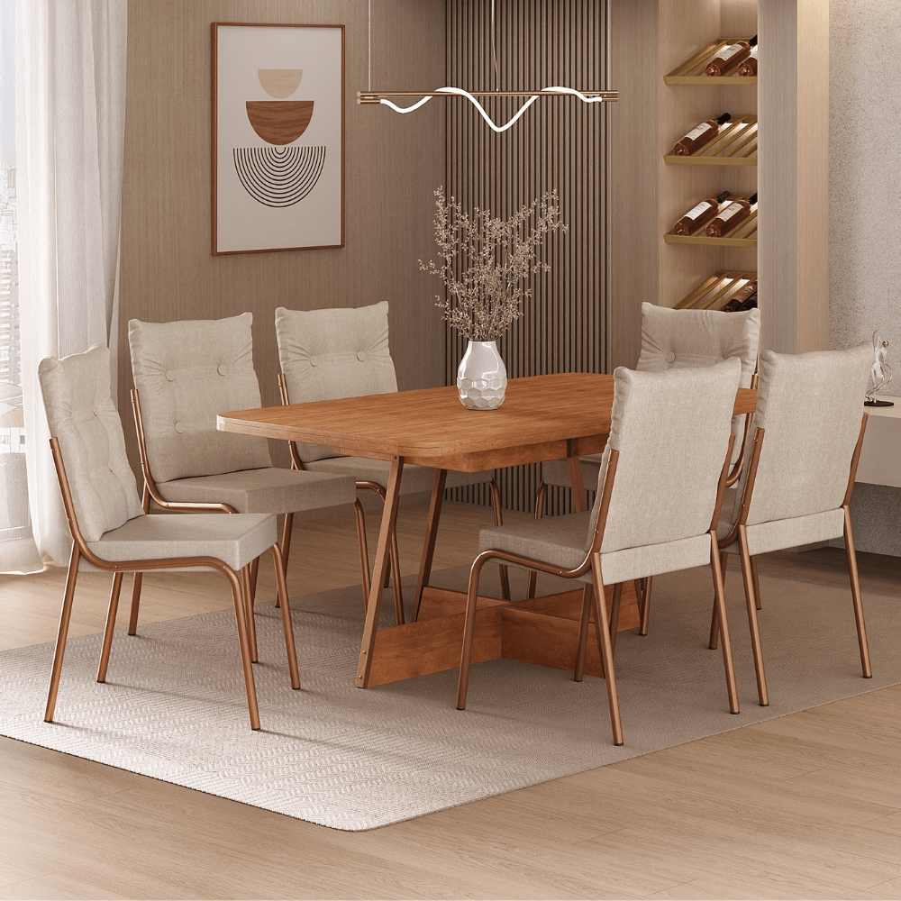Conjunto Sala de Jantar 6 Cadeiras California Carraro Rosê Cobre