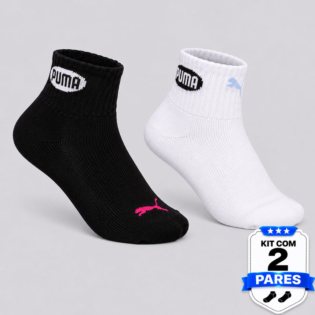 Kit Meia Puma Logo Cano Baixo 2 Pares Infantil Branca e Preta