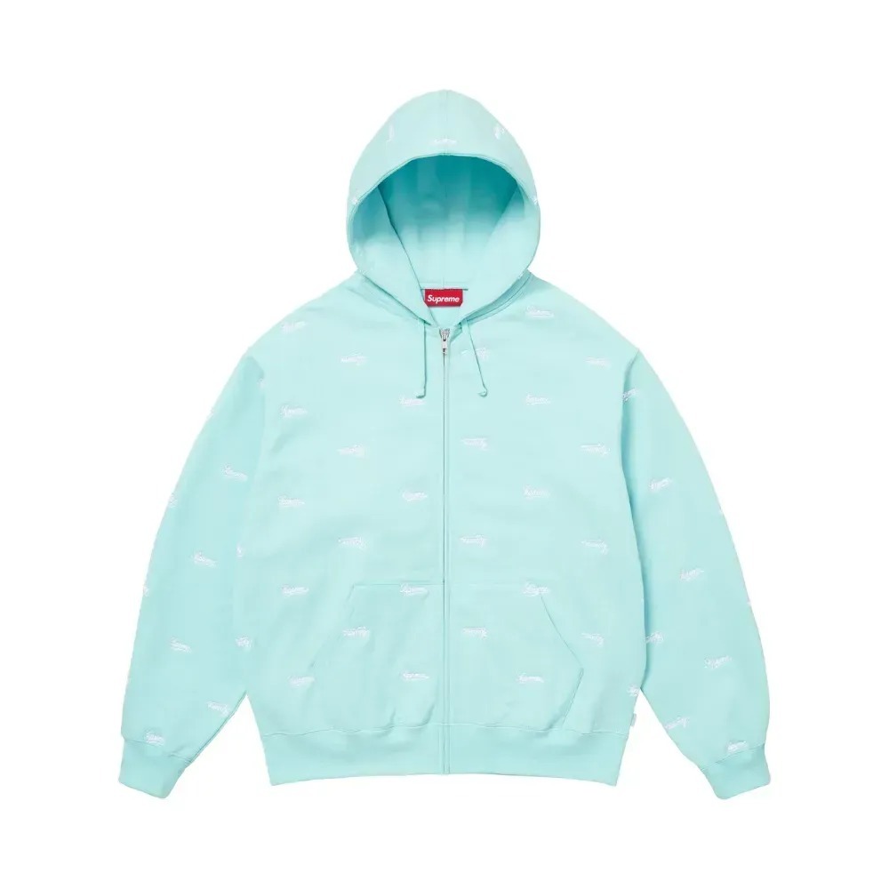 Moletom Supreme Repeat Script Zip Up Hooded Aqua FW25-W18 — G / XG, Novo