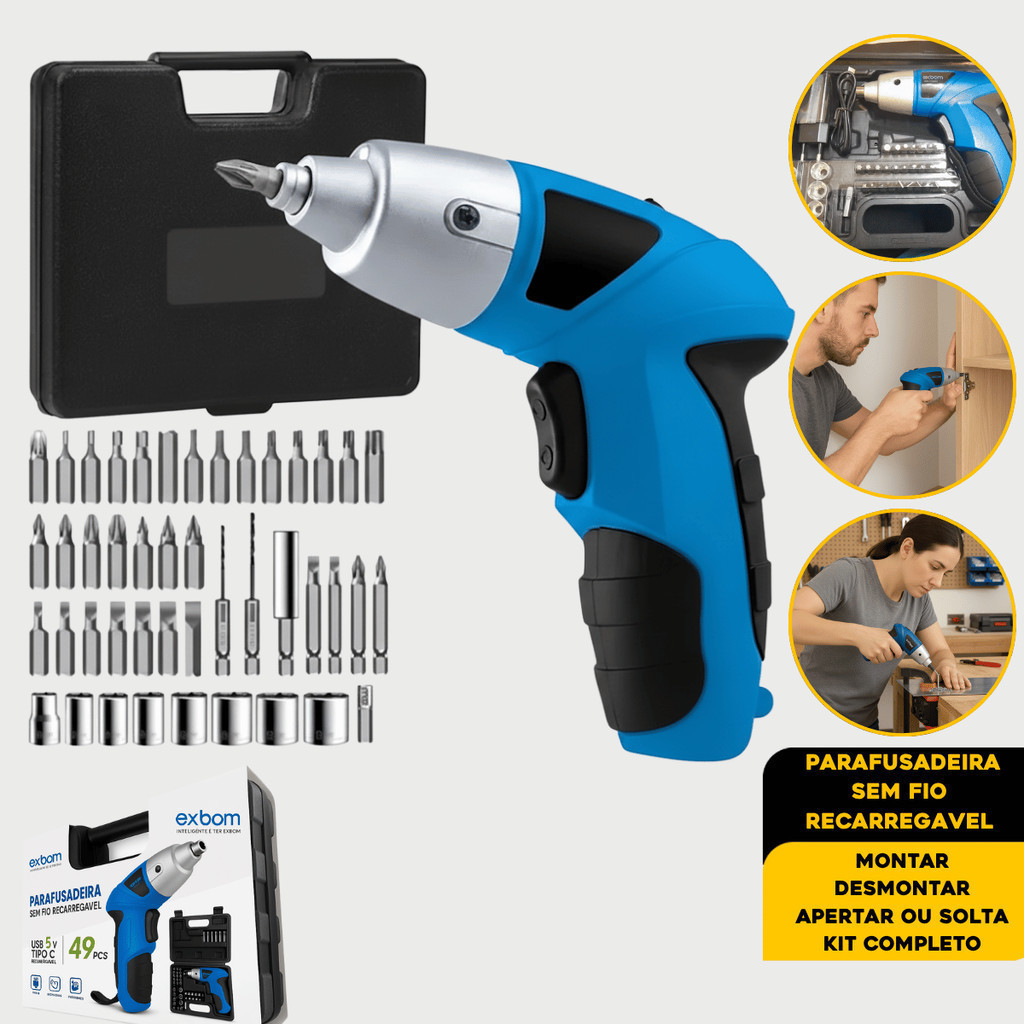 Mini Parafusadeira sem Fio Recarregável USB com Maleta 49 peças MQL-PFU49A EXBOM Premium