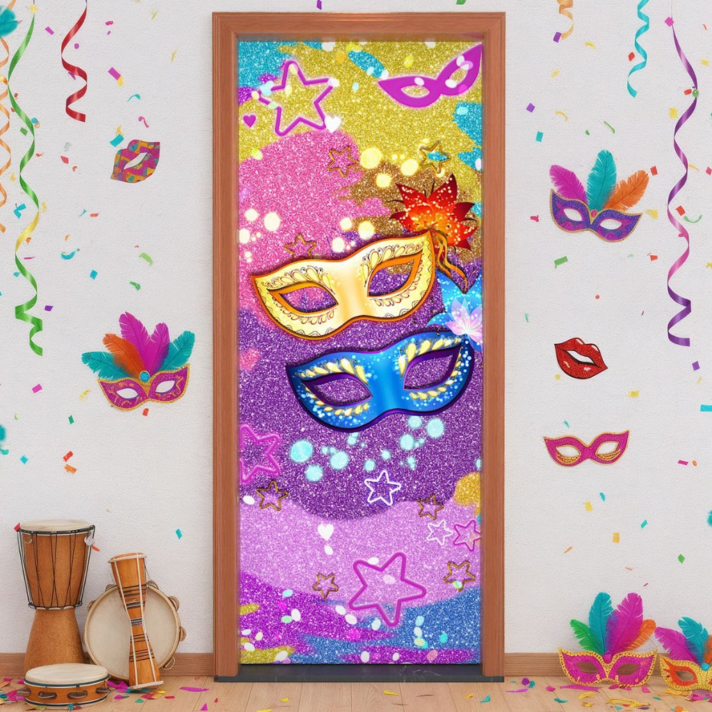 Capa de Porta Festa Carnaval Decorativo Retangular 3D Em Tecido Sublimado 0,80x2,10m