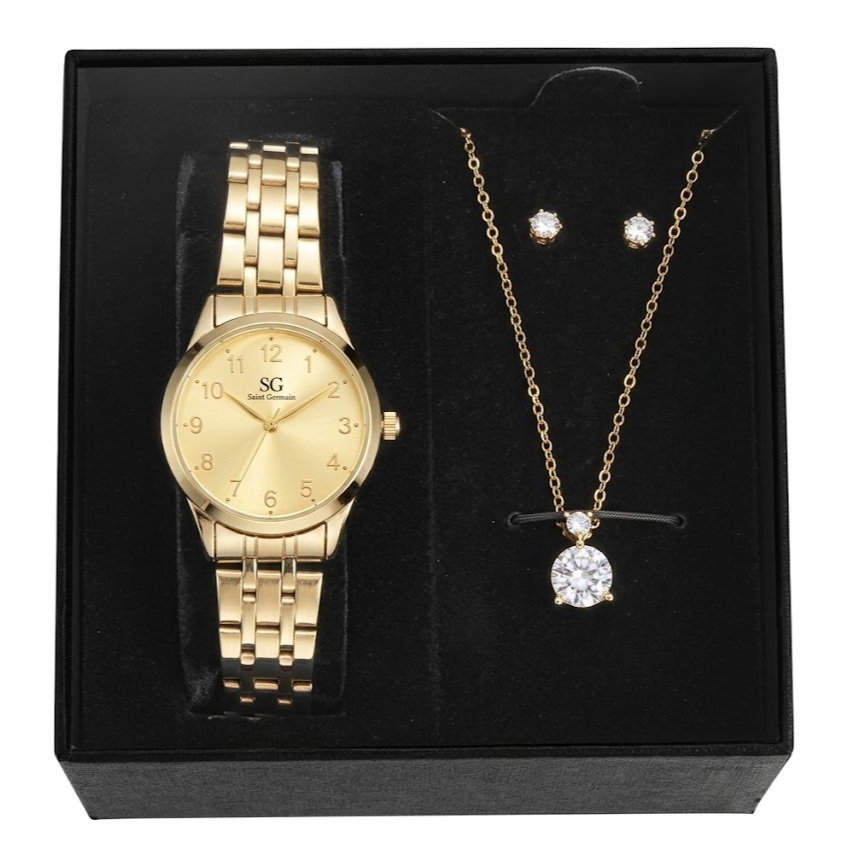 Kit Relógio Colar Brincos Dourado Feminino Saint Germain Delicado Elegante Luxuoso Dia a Dia