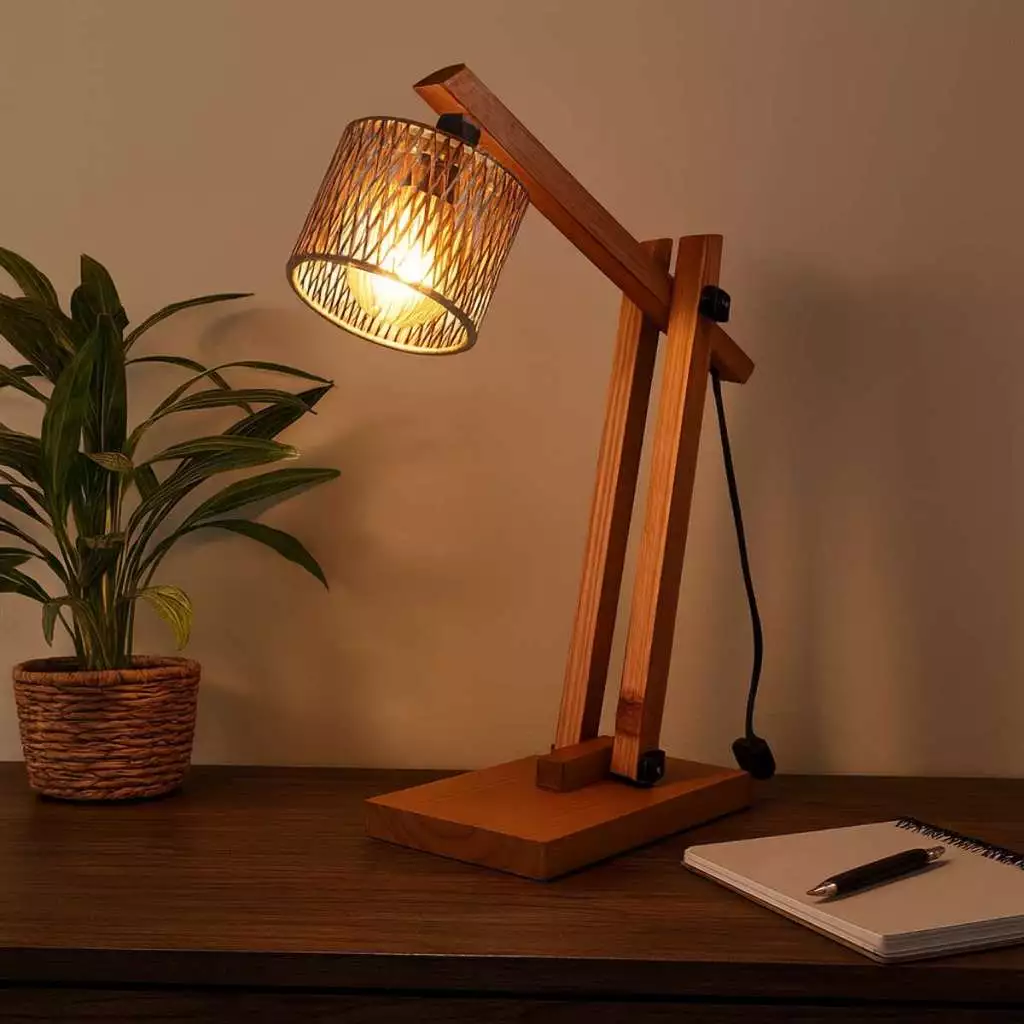 Luminária De Mesa Abajur De Madeira Para Quarto Moderno Cúpula Trançada