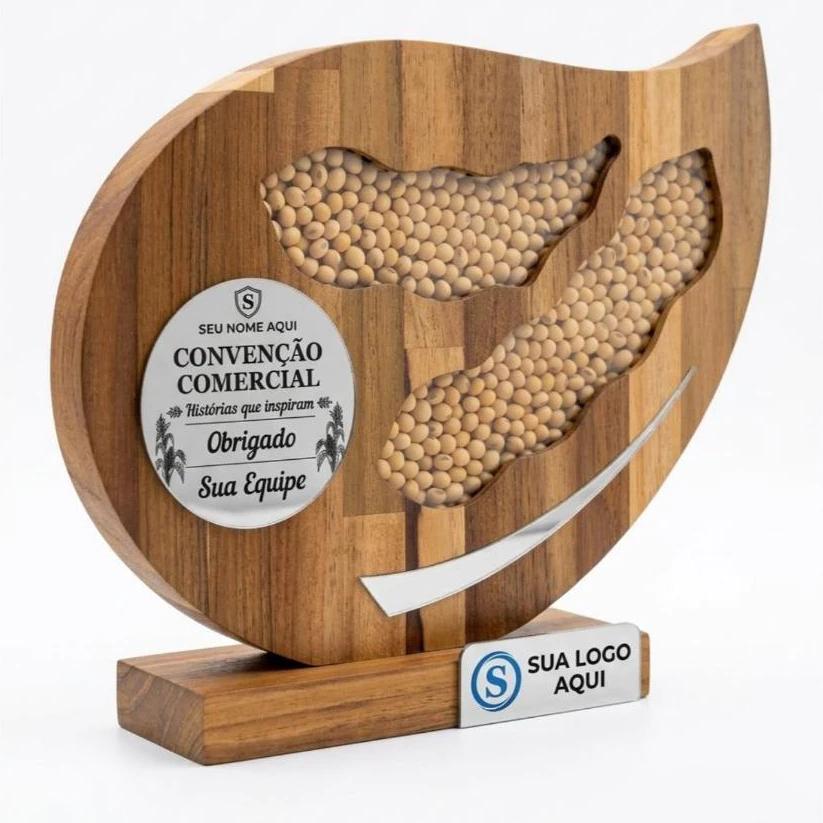 Troféu de Madeira com Grãos de Soja Personalizado Agro Premiação Fim de Safra Produtor Rural Sojicultor