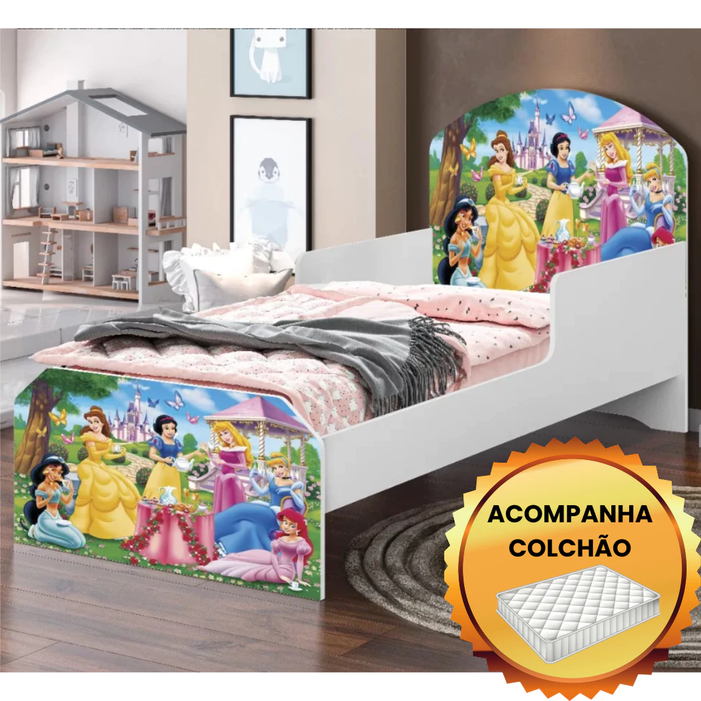 Mini Cama Infantil com Grade Proteção Princesas 100% MDF com Colchão Incluso