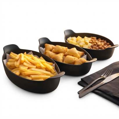 Kit Com 05 Travessas Canoa Plástico Preto 24cm, Petisco Preto