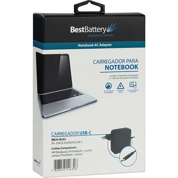 Fonte de alimentação para notebook USB-C, bivolt, 65w, BB20-BC65, BestBattery - CX 1 UN