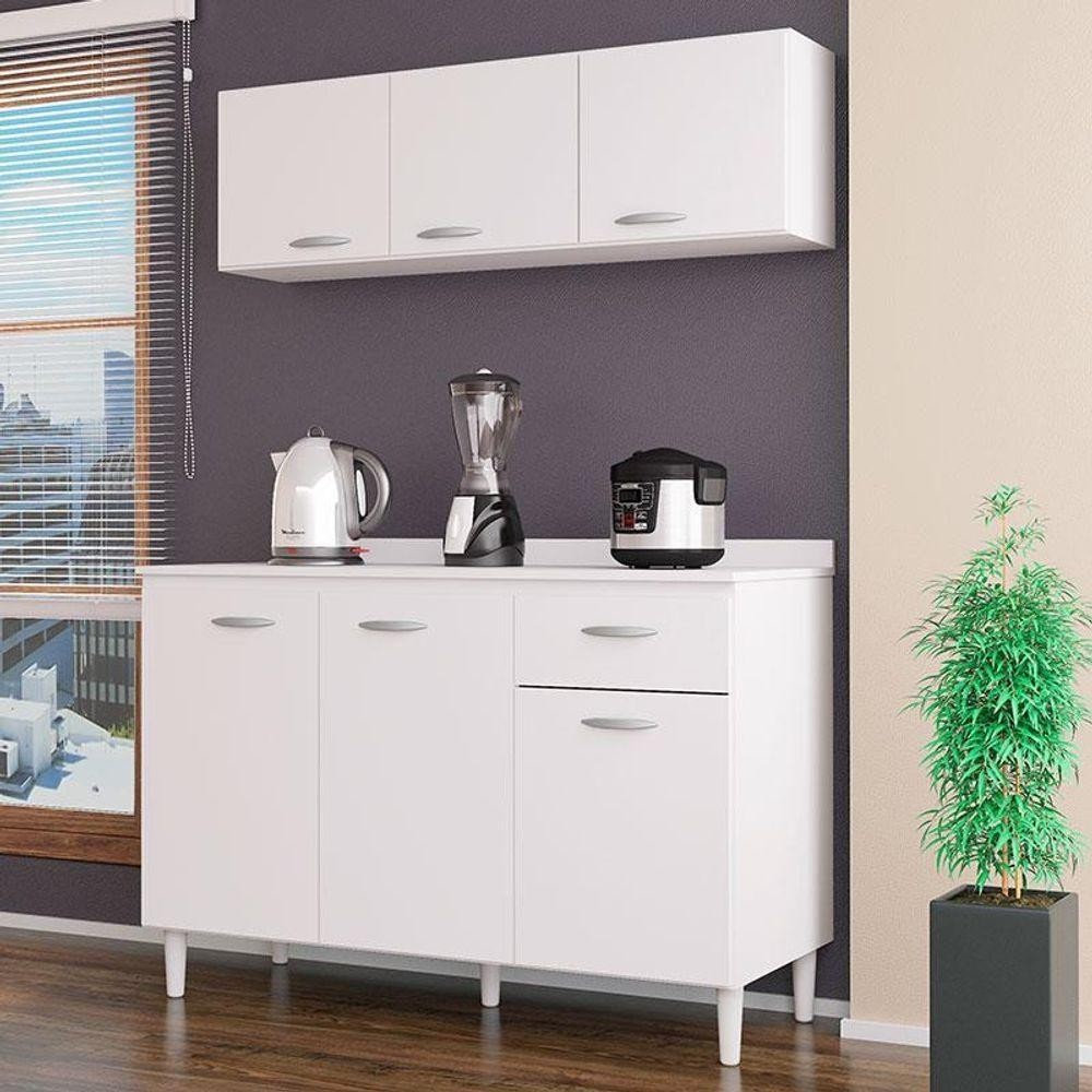 Balcão De Pia E Armário Aéreo 120 Cm Branco Brilho - Poquema
