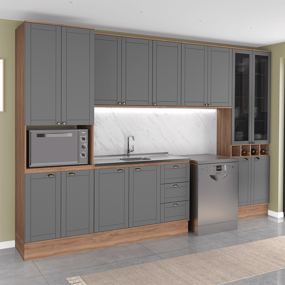 Armário de Cozinha Completa com Balcão Milla Prestige Carraro Nogal com Cinza Titânio