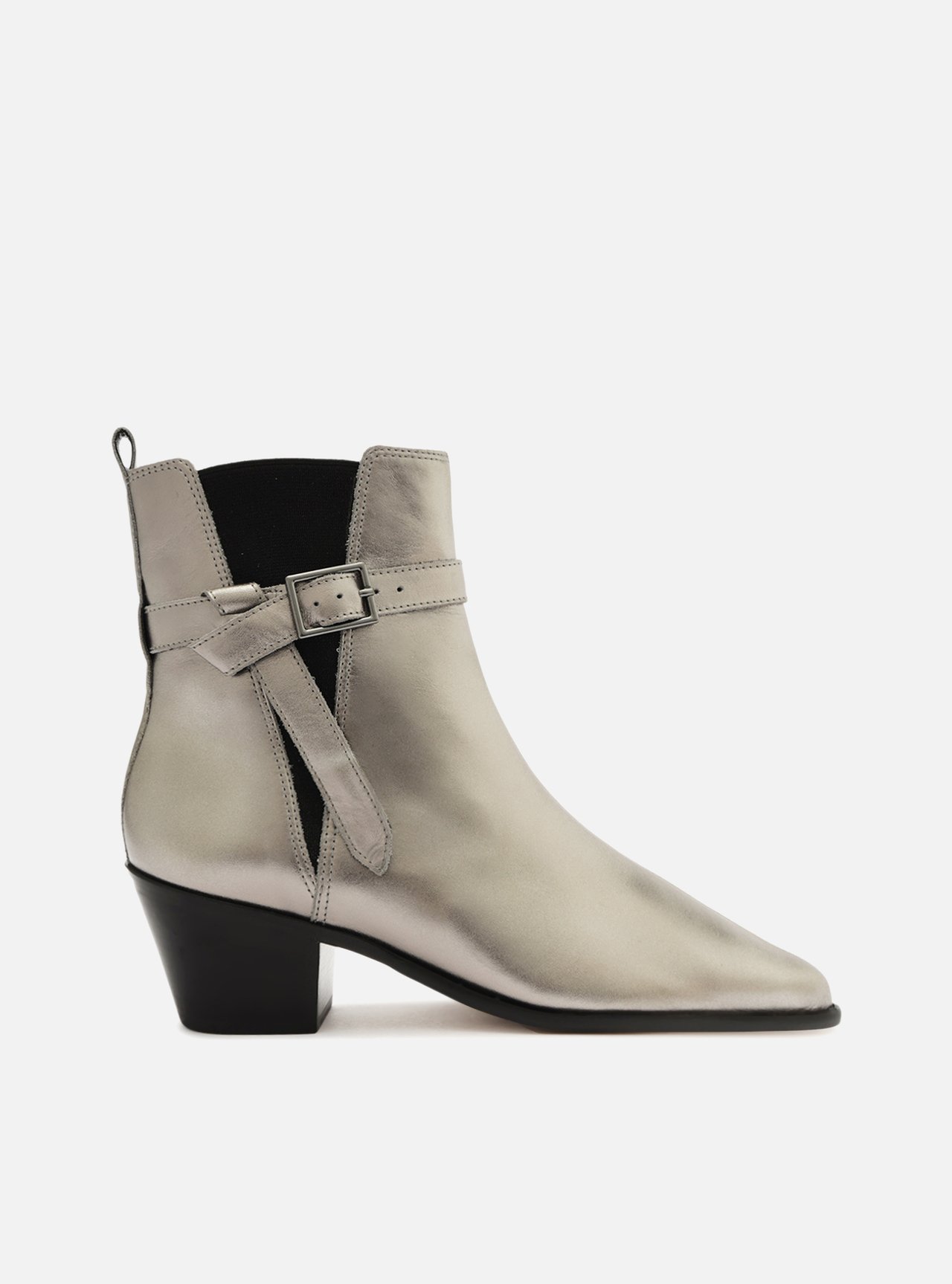 Bota Prata Couro Cano Curto Bico Fino Elástico
