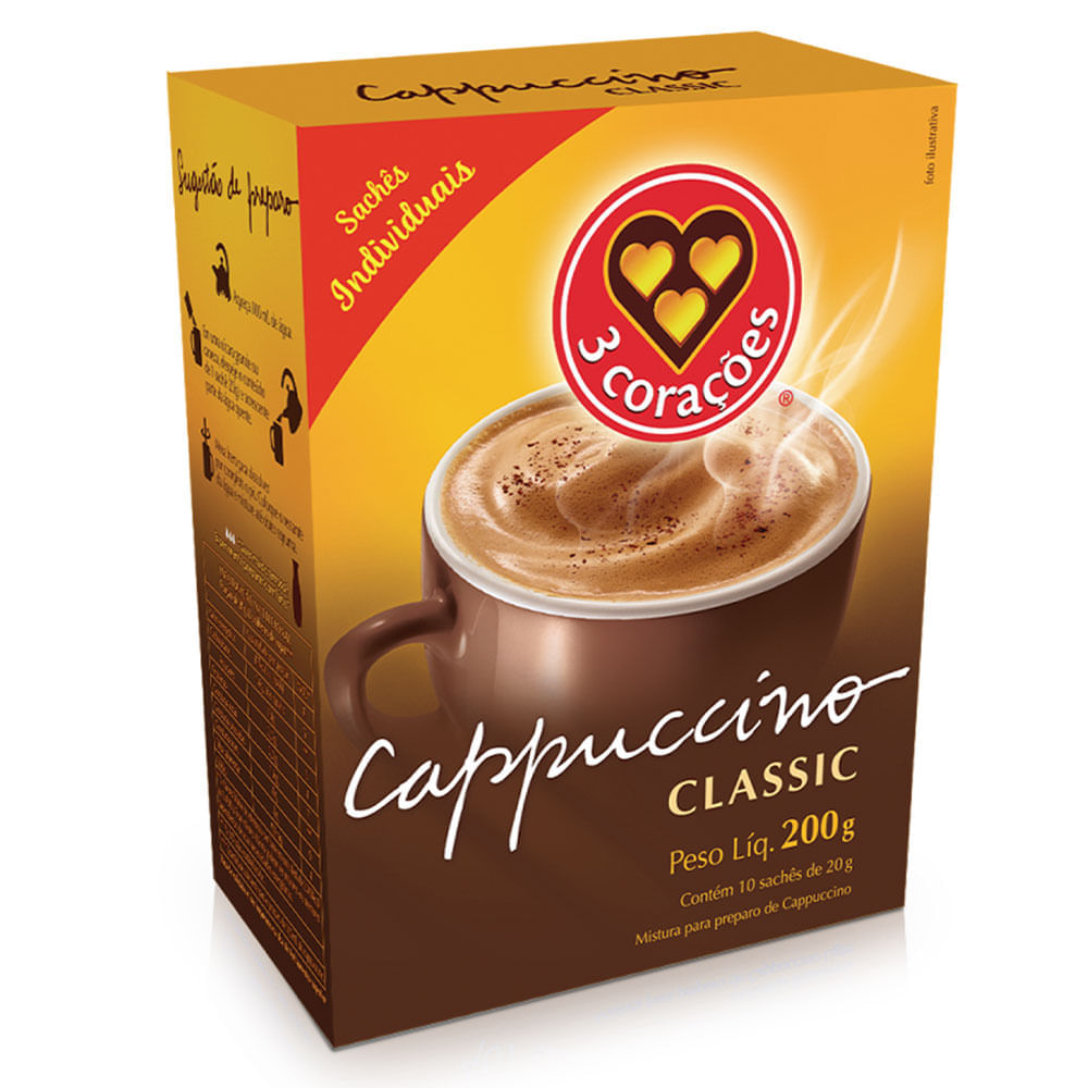 Cappuccino Classic 3 Corações 10 Sachês com 20g Cada