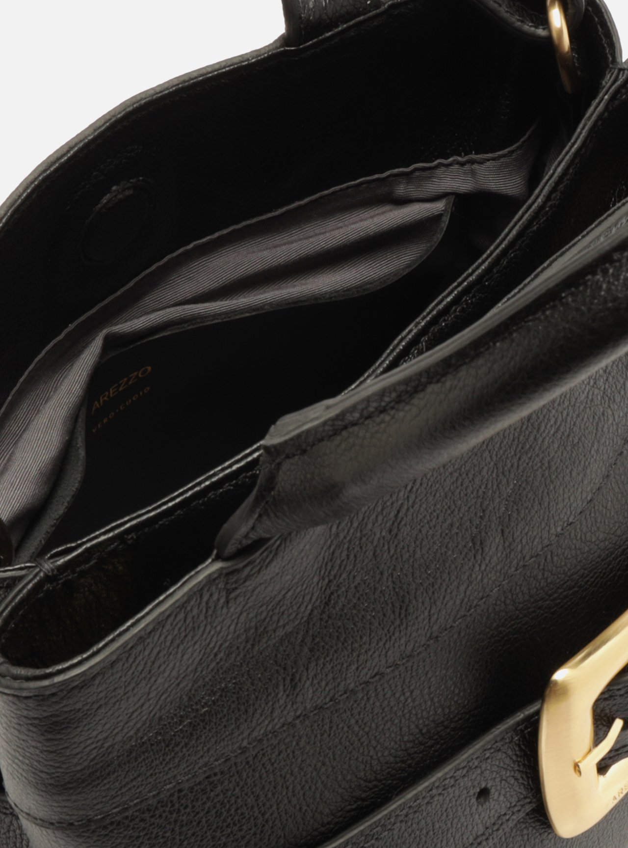 Foto 4 de Bolsa Tote Preta Couro Média Fivela Dourada