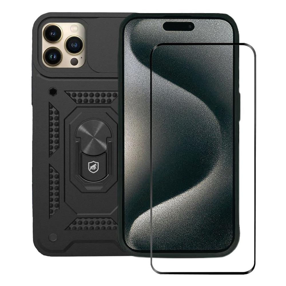 Kit Capa Dinamic Cam Protection e Pelicula Coverage 5D Pro Preta para iPhone 15 Pro - Gshield