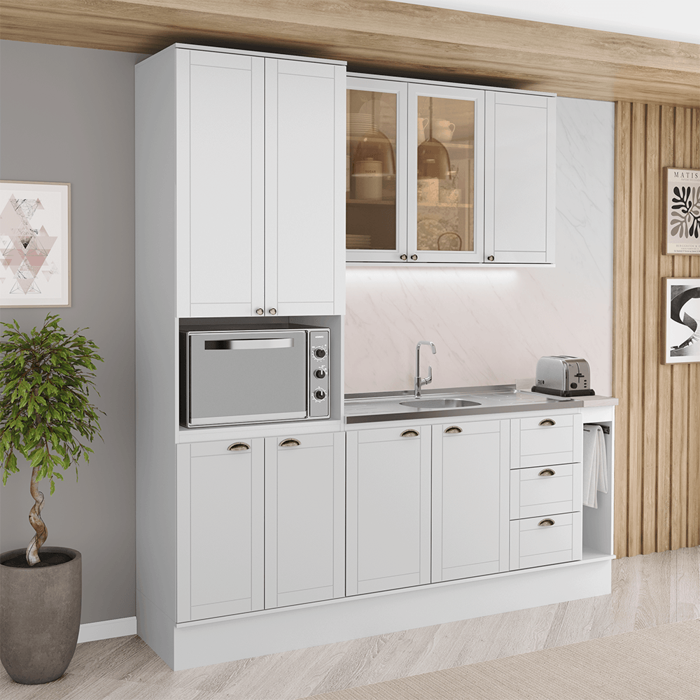 Armário de Cozinha Completa com Balcão Milla Birch Carraro Branco