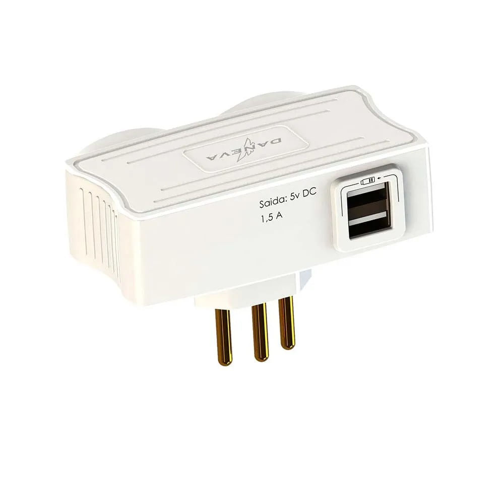 Carregador Multiplicador 2 Saídas USB 1,5A Tomadas 10A White Daneva