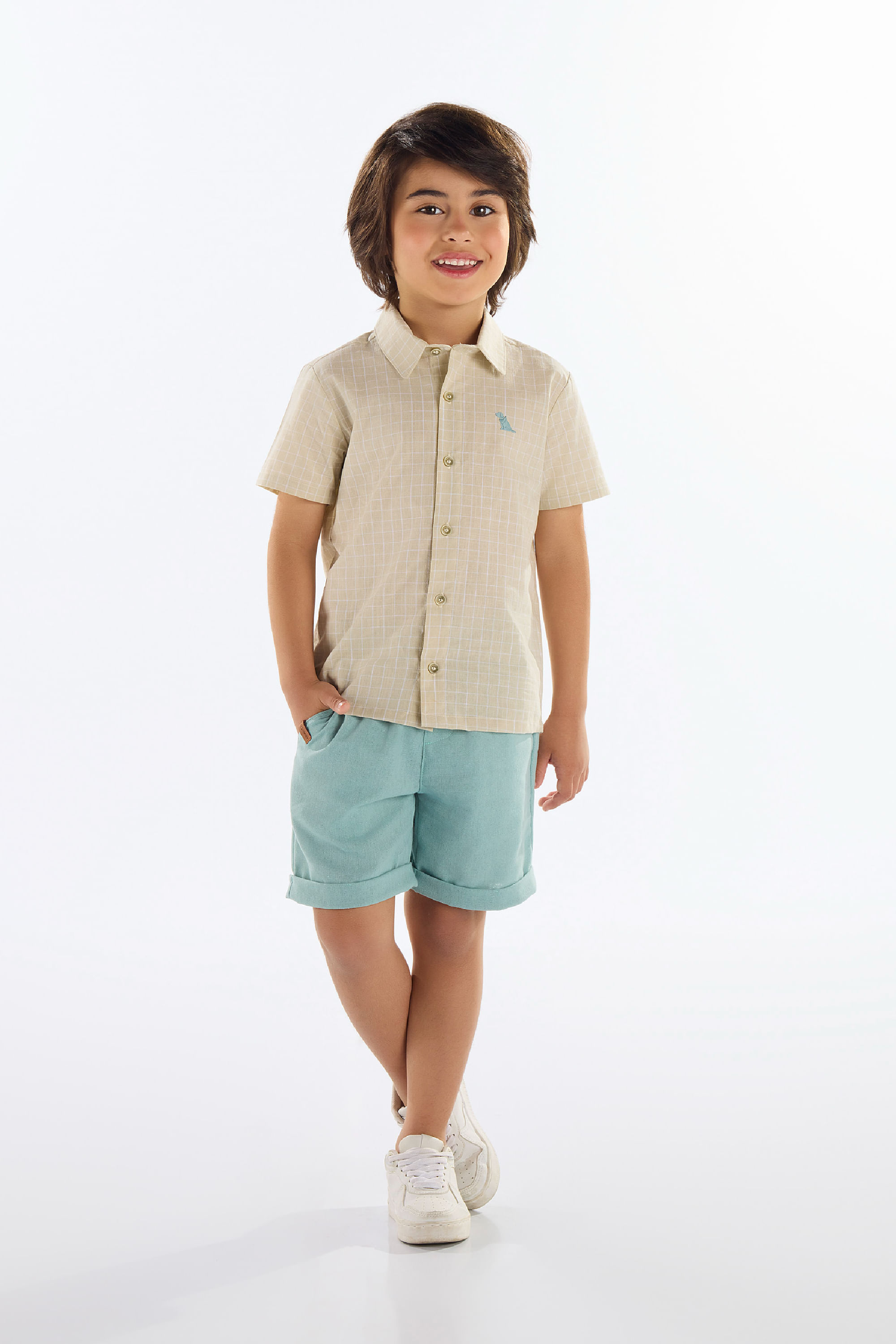 Conjunto para Menino Camisa Xadrez e Bermuda (Bege) Quimby — 04