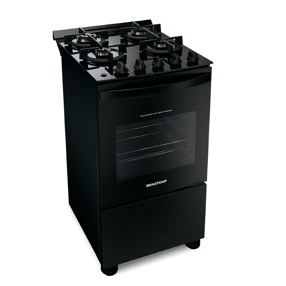 Fogão Brastemp 4 Bocas Preto com Mesa de Vidro e Grades Duplas de Ferro Fundido - BFO4VAE Bivolt