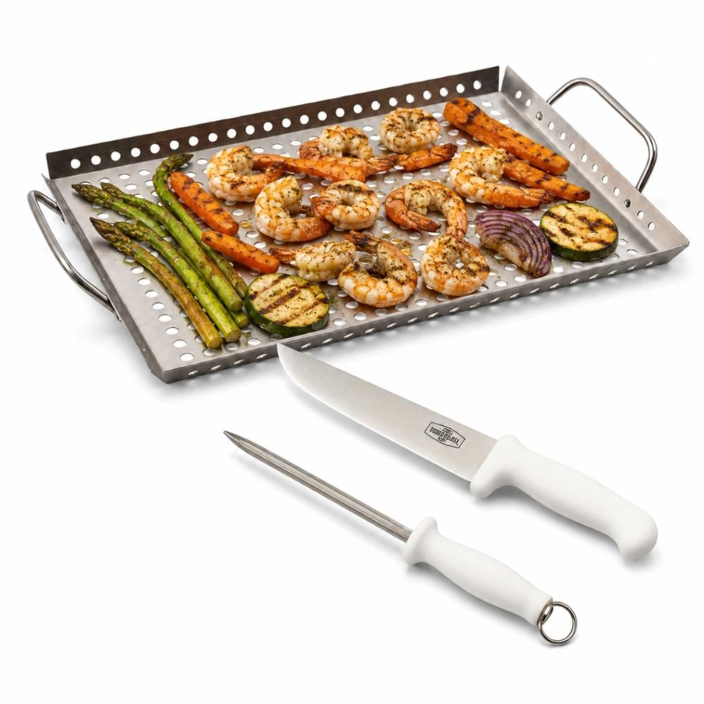 Kit Churrasco Bandeja Grelha Faca e Chaira Carne Grill&Pizza