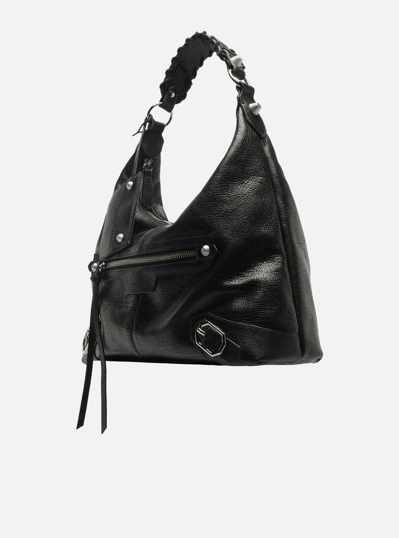 Foto 2 de Bolsa Hobo Preta Couro Média Alça Tressê