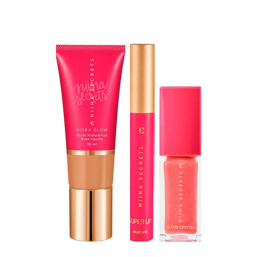 Kit Eudora Niina Secrets Make 10 - Hidra Glow 55 Base 30ml + Rubi Gloss 7ml + — Kit Eudora Niina Secrets Make 10 - Hidra Glow 55 Base 30ml + Rubi Gloss 7ml + Máscara Para Cílios 8m