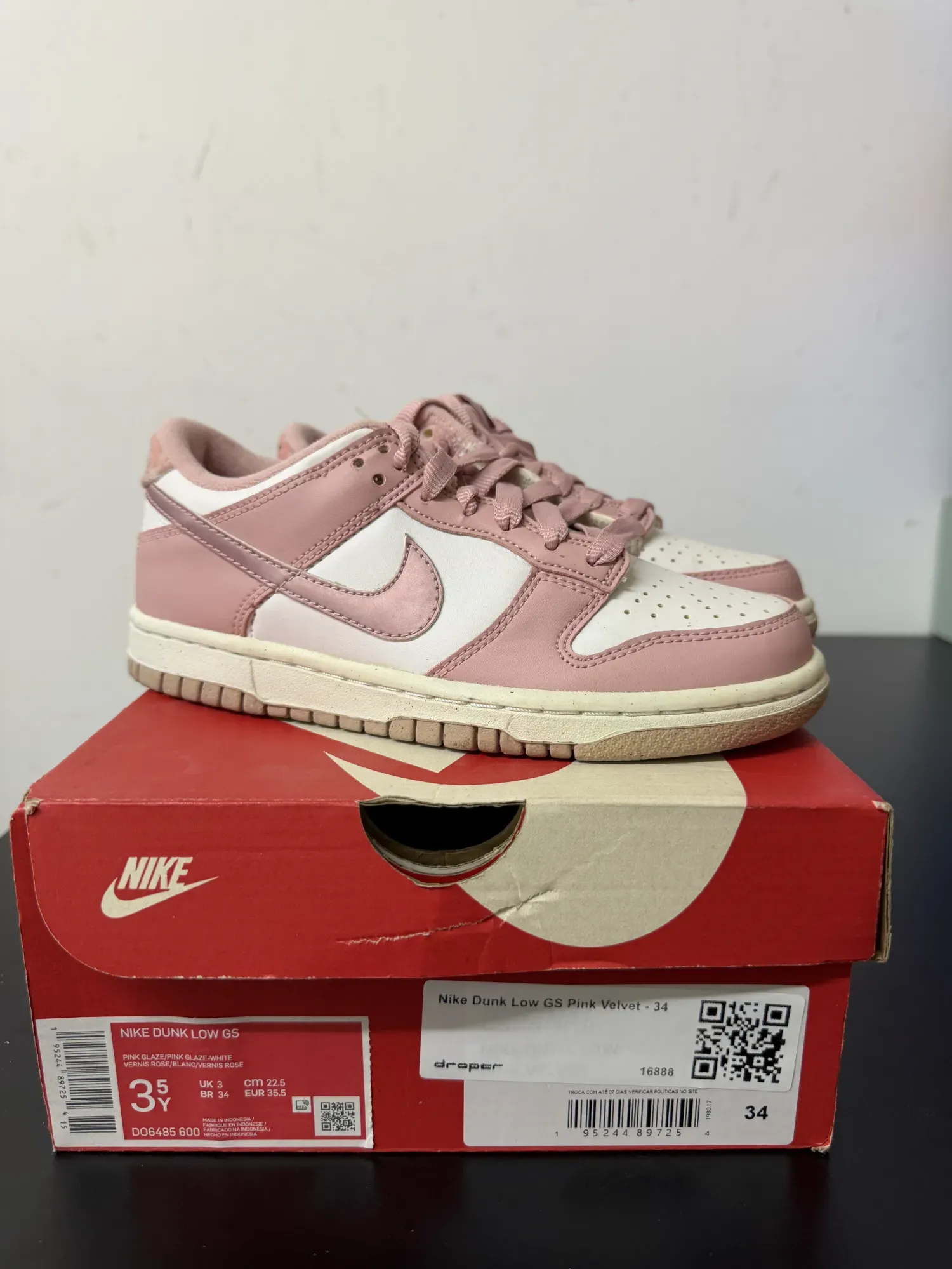 Nike Dunk Low GS Pink Velvet — 34, Novo