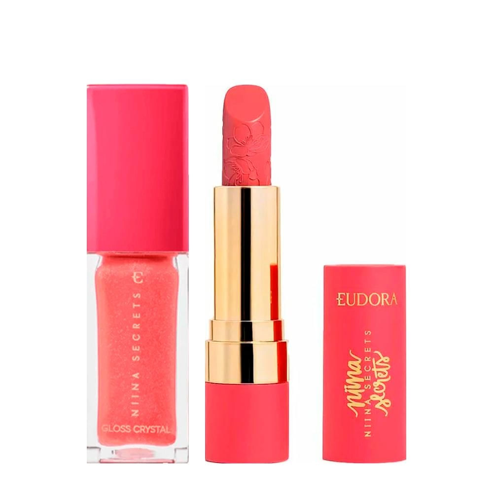 Kit Eudora Niina Secrets Boca Rosa - Soft Petals Rosa Secreta Batom 3,6g + Cr — Kit Eudora Niina Secrets Boca Rosa - Soft Petals Rosa Secreta Batom 3,6g + Crystal Cream Ruby Gloss