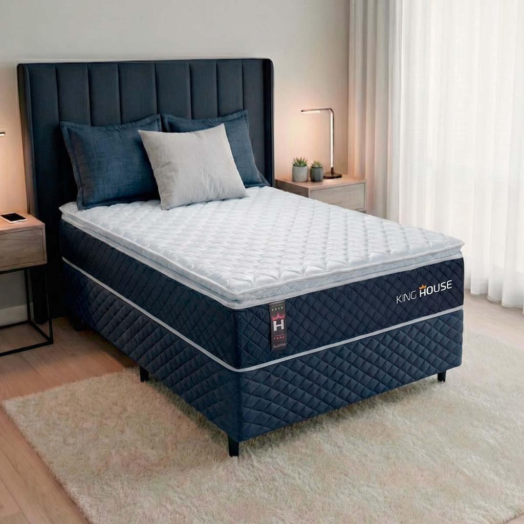 Conjunto Cama Box Solteiro Lagras 96x203x66 Azul c/ Molas Ensacadas