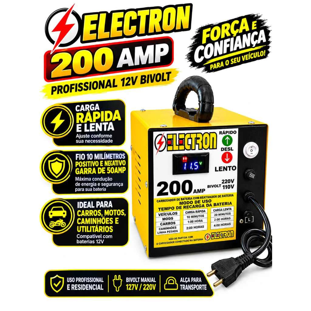 Carregador De Bateria 12v Cib200ah Com Display Multi Funções Electron Premium