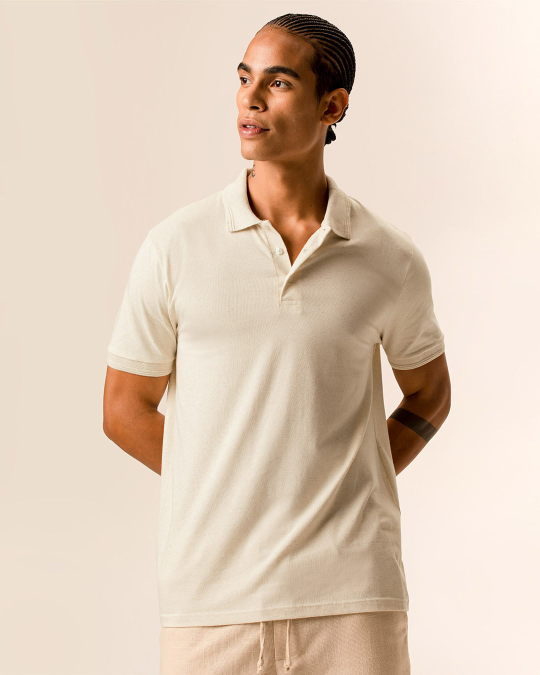 Camisa Polo Masculina Regular Peitilho Frontal Em Malha Linho — Off White - XGG