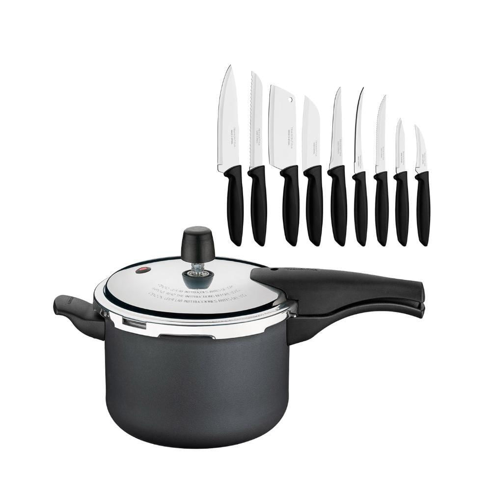 Kit Panela de Pressão Vancouver Alumínio Antiaderente 4,5L Grafite com Facas 9 Peças Tramontina