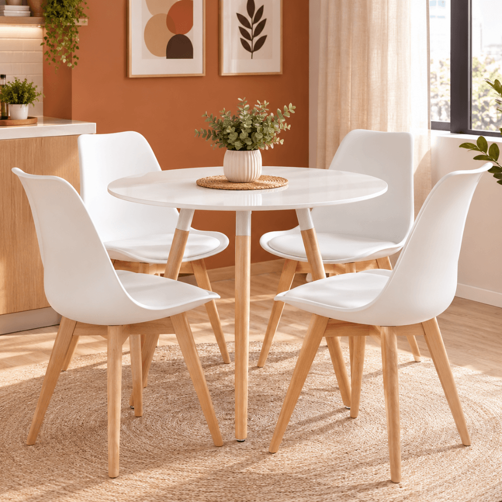 Conjunto Mesa de Jantar Redonda Eames Branca 80cm + 4 Cadeiras Estofadas PU Coisas e Coisinhas