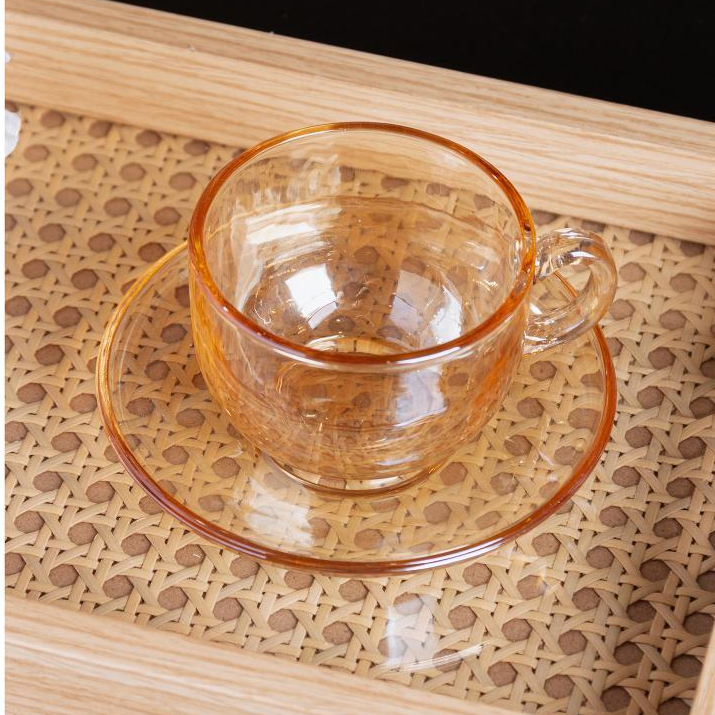 Xícara de Chá com Pires Nice 150ml Vidro Âmbar Lyor para Bebidas Quentes Café Mesa Posta Elegante Servir Casa Prática