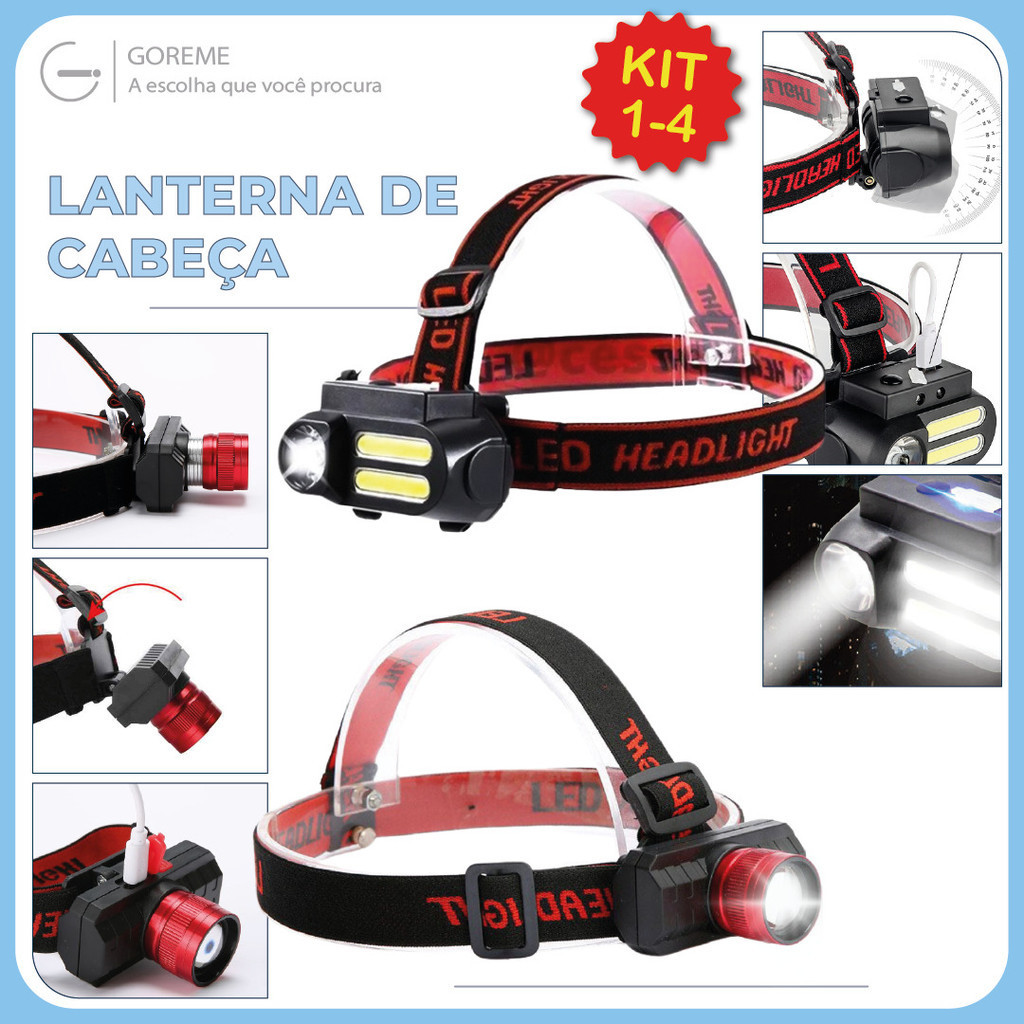 Lanterna Cabeça Led Turbo com Ajuste Angular 2 Modelos Lite e Pro Recarregável USB