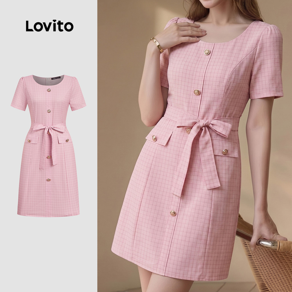 Lovito Elegante Padrão Vestido com Botões Na Frente e Bolso Falso Vestido Rosa Primavera/verão para mulheres LK5ED418