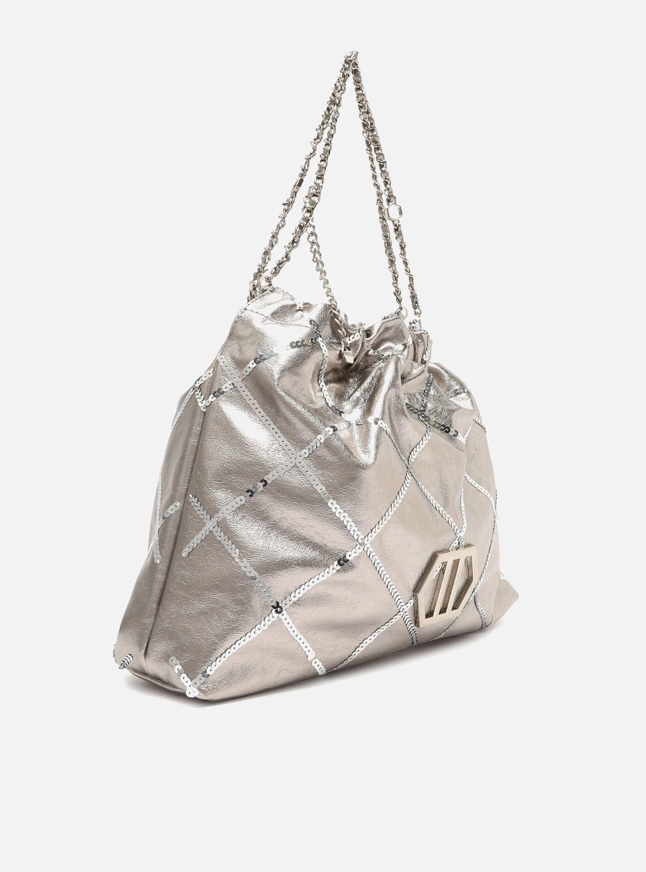 Foto 5 de Bolsa Hobo Prateada Couro Grande Matelassê Corrente Esther