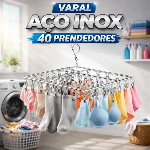 Varal Suspenso Tche Amo de Aço Inoxidável Com 40 Prendedores Para Roupas