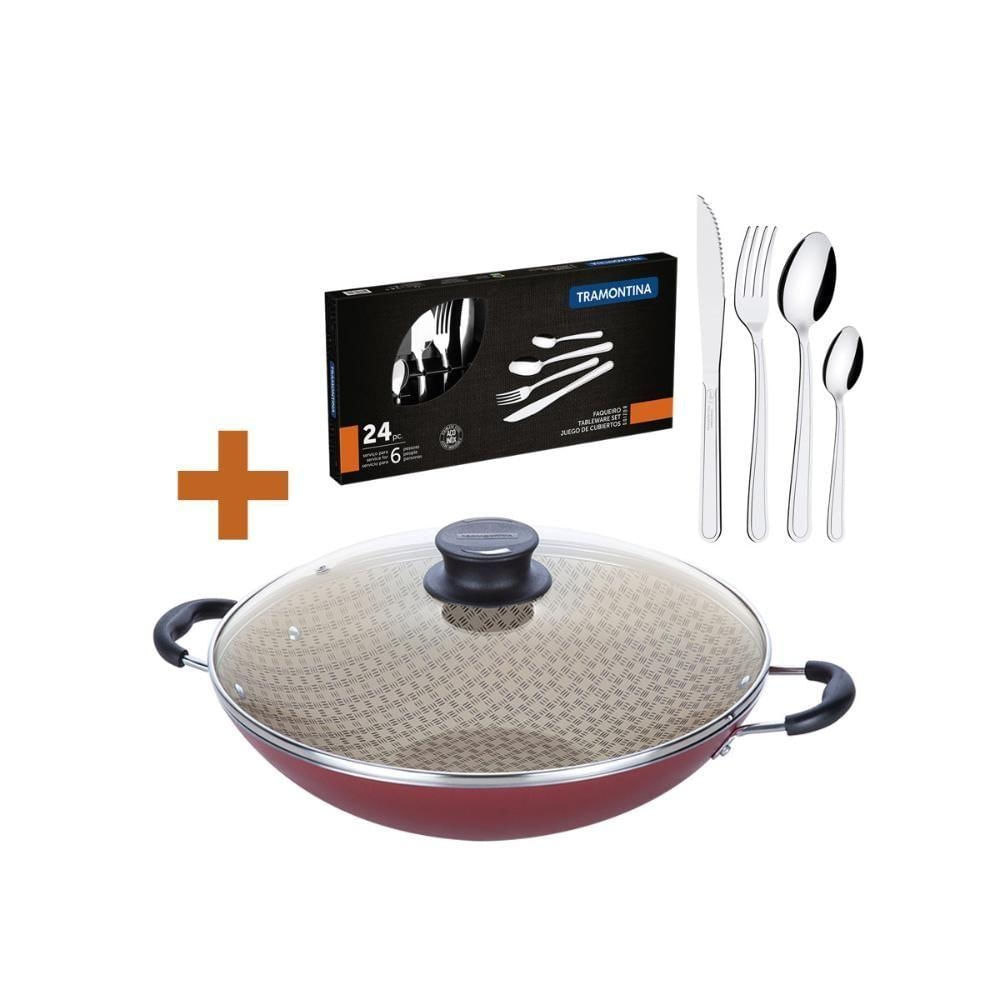 Kit Panela Wok Paris 36cm 6L Alumínio Antiaderente Vermelho com Tampa de Vidro e Faqueiro Inox
