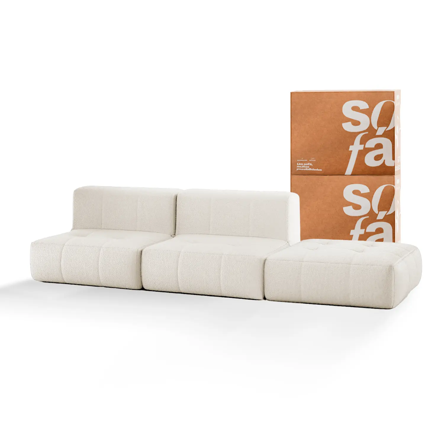 Sofá na Caixa modular 2 lugares em Boucle - 2 Poltronas com Apoio de pé - Linho