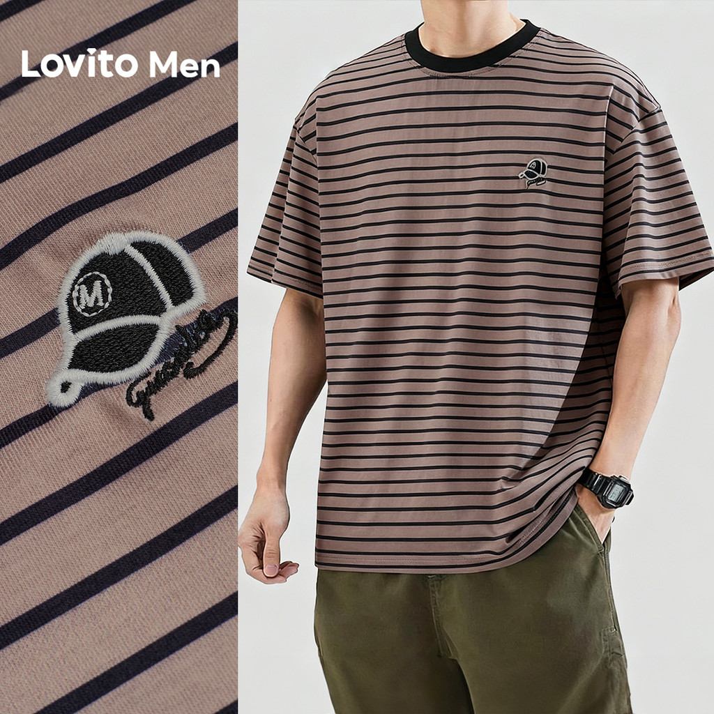 Lovito Men Camiseta Casual Bordada com Listras Gola Contraste Primavera/verão Marrom para Homens. L175ED028