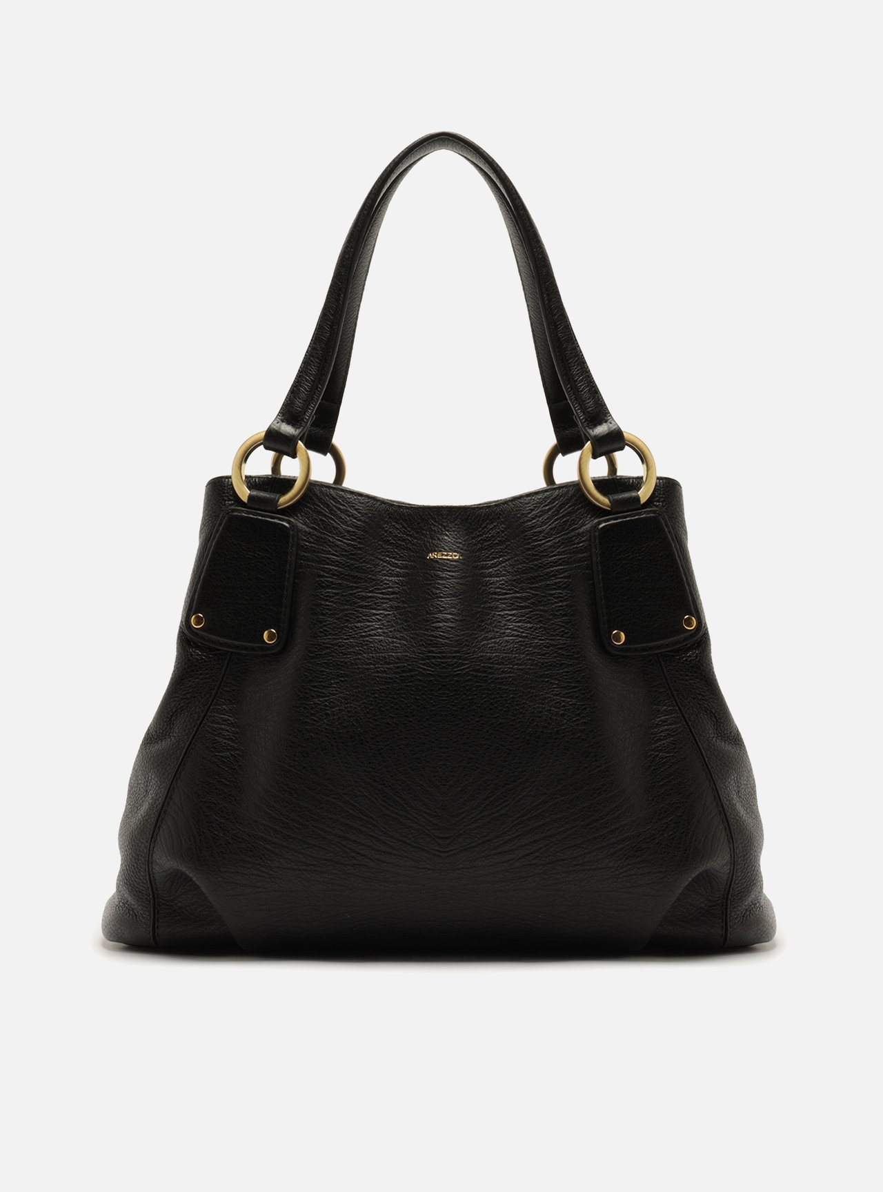 Bolsa Hobo Preta Couro Grande Metais Dourados