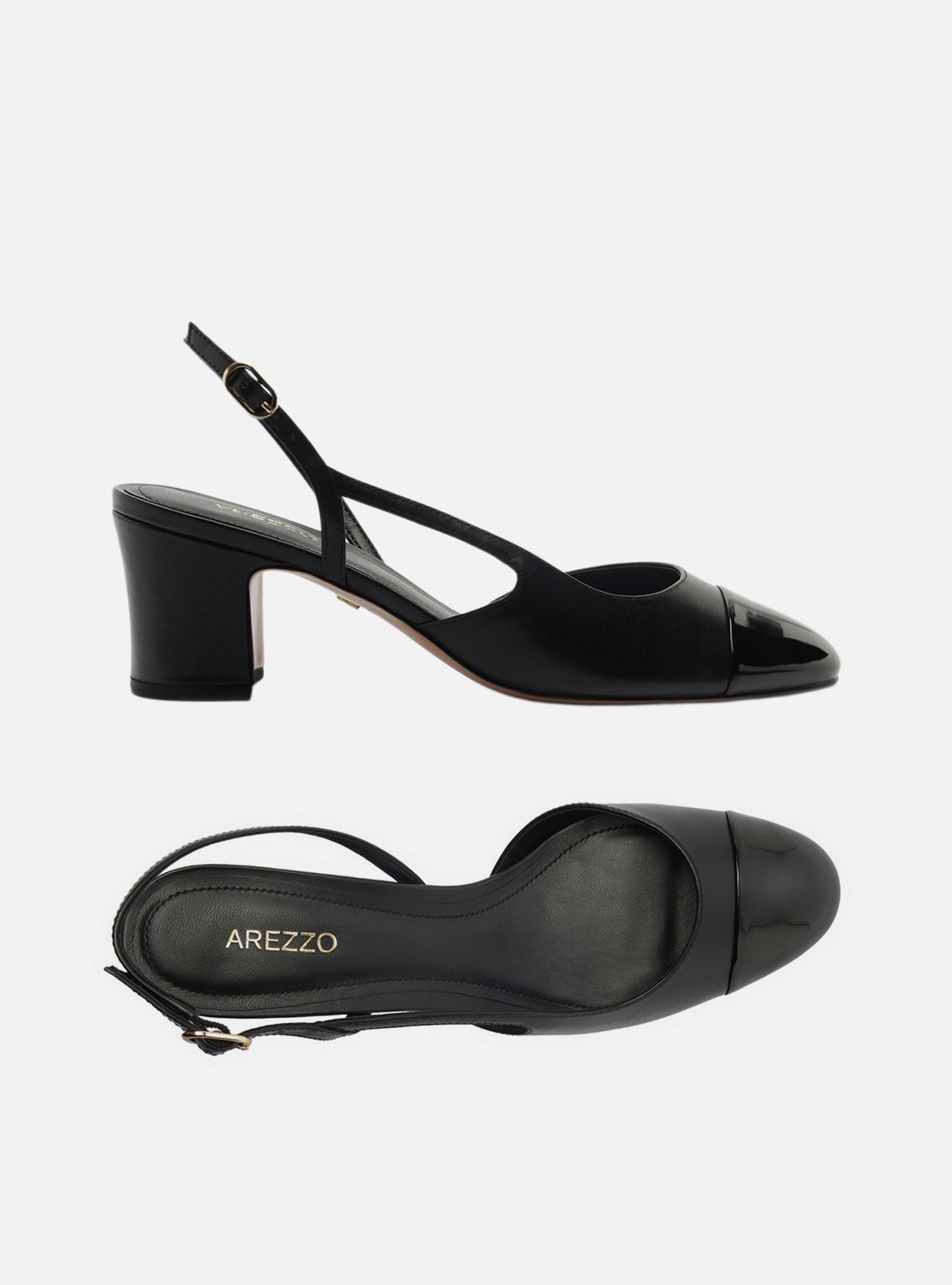 Foto 5 de Scarpin Preto Bicolor Couro Salto Médio Bloco Slingback