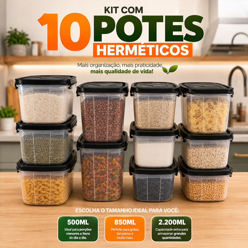 Kit com 10 Potes Herméticos Marmita 500Ml 850Ml 2,2L Com Travas Laterais - Livre de BPA Alimentos