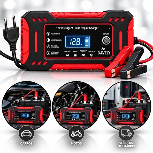 Carregador de Bateria 12V 6A Bivolt Inteligente Carro Moto Caminhão Automotivo 4Ah a 100Ah Com Função Reparo Display Digital Proteção Carga Emergencia Portátil Resistente Eficiente