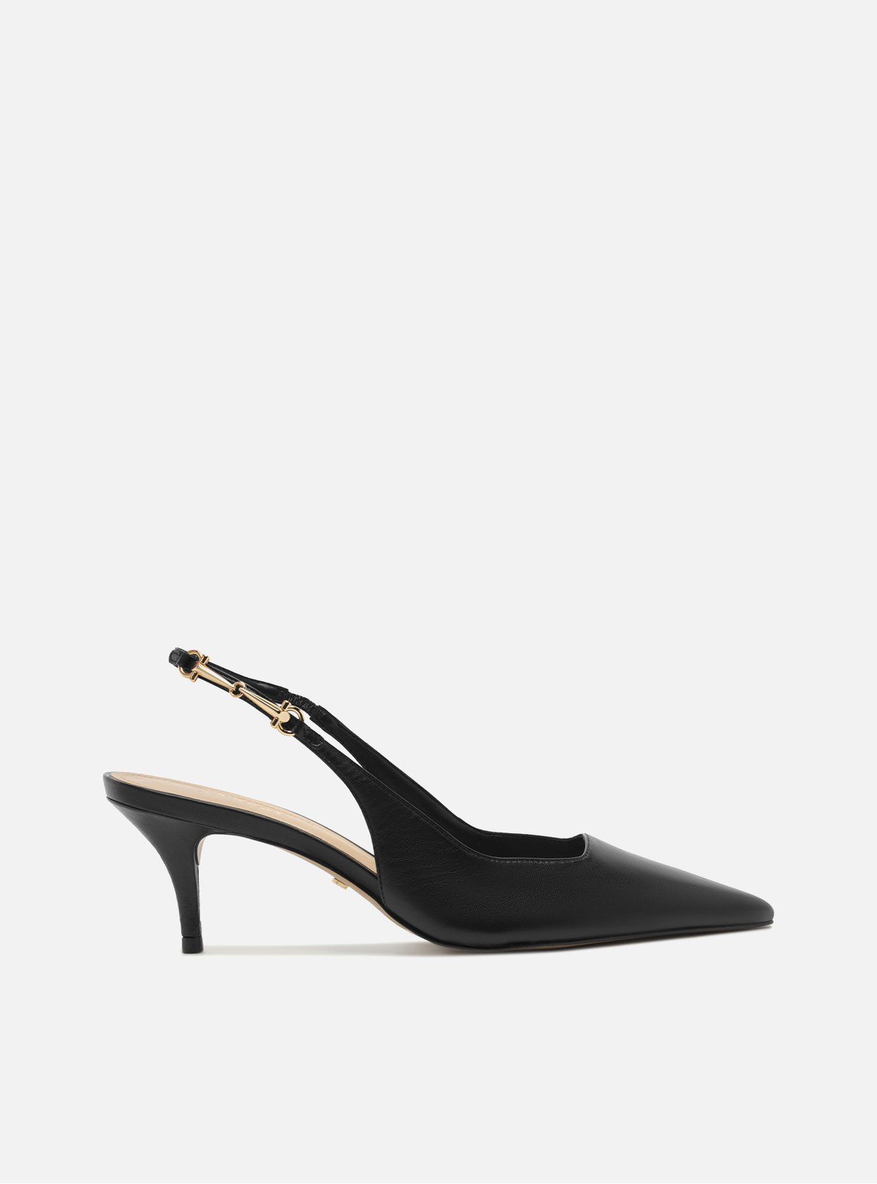 Scarpin Preto Couro Slingback Detalhe Metal