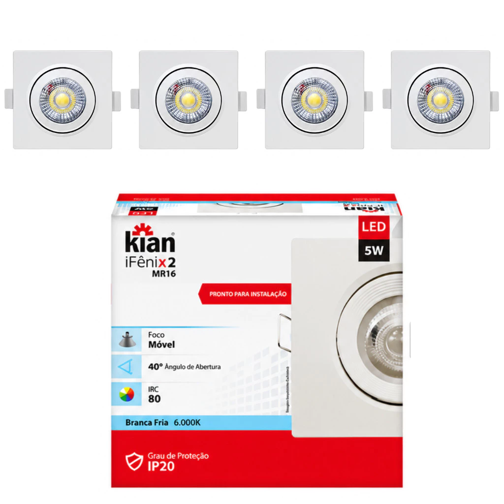 Kit 4 Spot Led 5W Quadrado Branco Frio 6500k Embutir Teto, Gesso, Sanca Bivolt 127/220V