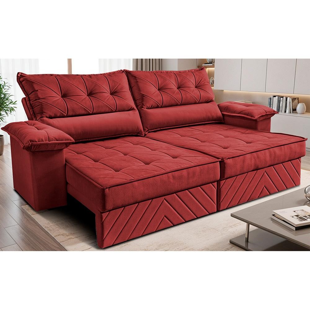 Sofá Retrátil e Reclinável 2,10m com Molas e Espuma D33 Thunder Velusoft Vermelho Cama inBox