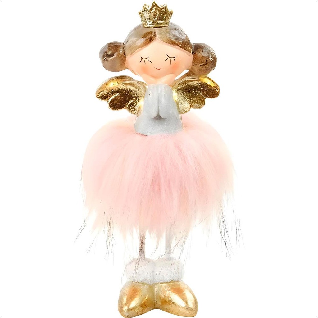 Anjo Decorativo Branco e Rosa Com Coroa e Asas Douradas com Led Mãos